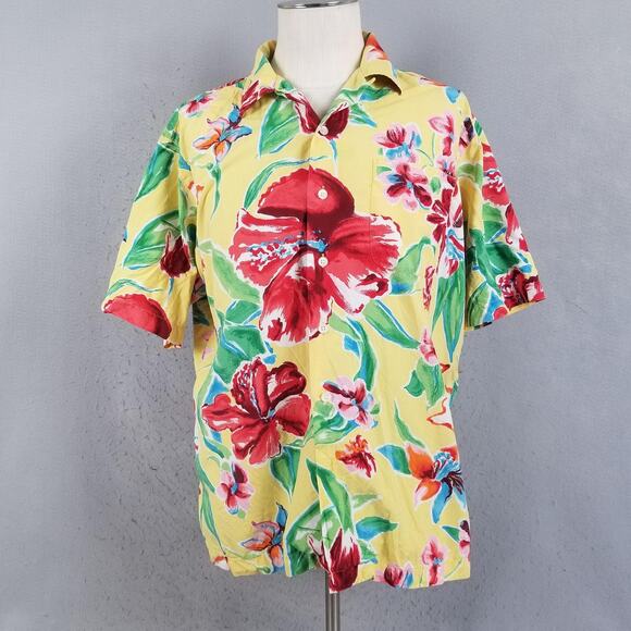Polo Ralph Lauren Caldwell Shirt Mens Large Yellow Silk Cotton Camp Hawaiian - Picture 1 of 11